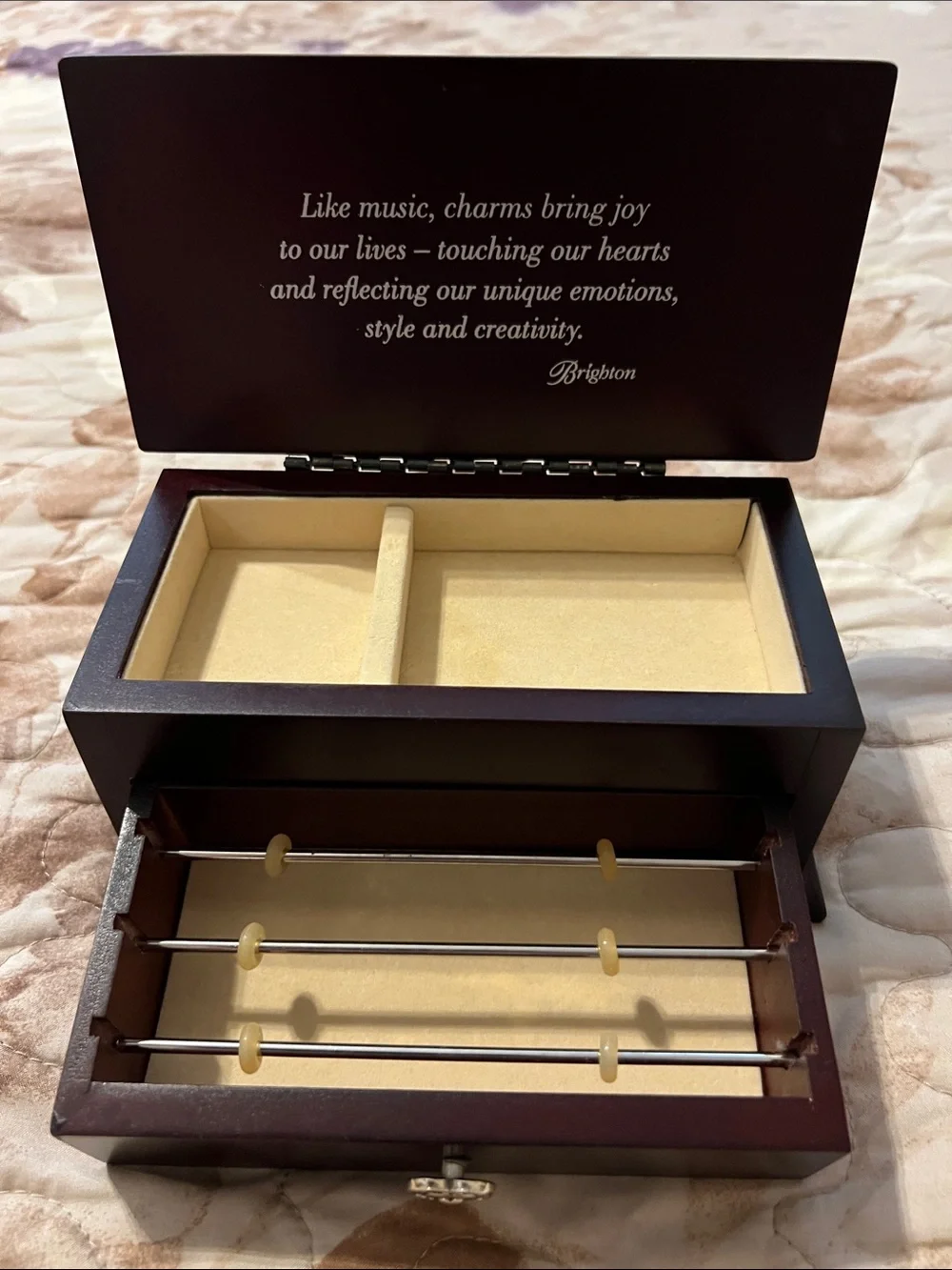 Brighton Wood Mahogany Finish Jewelry Charm Box with Heart Drawer Pull